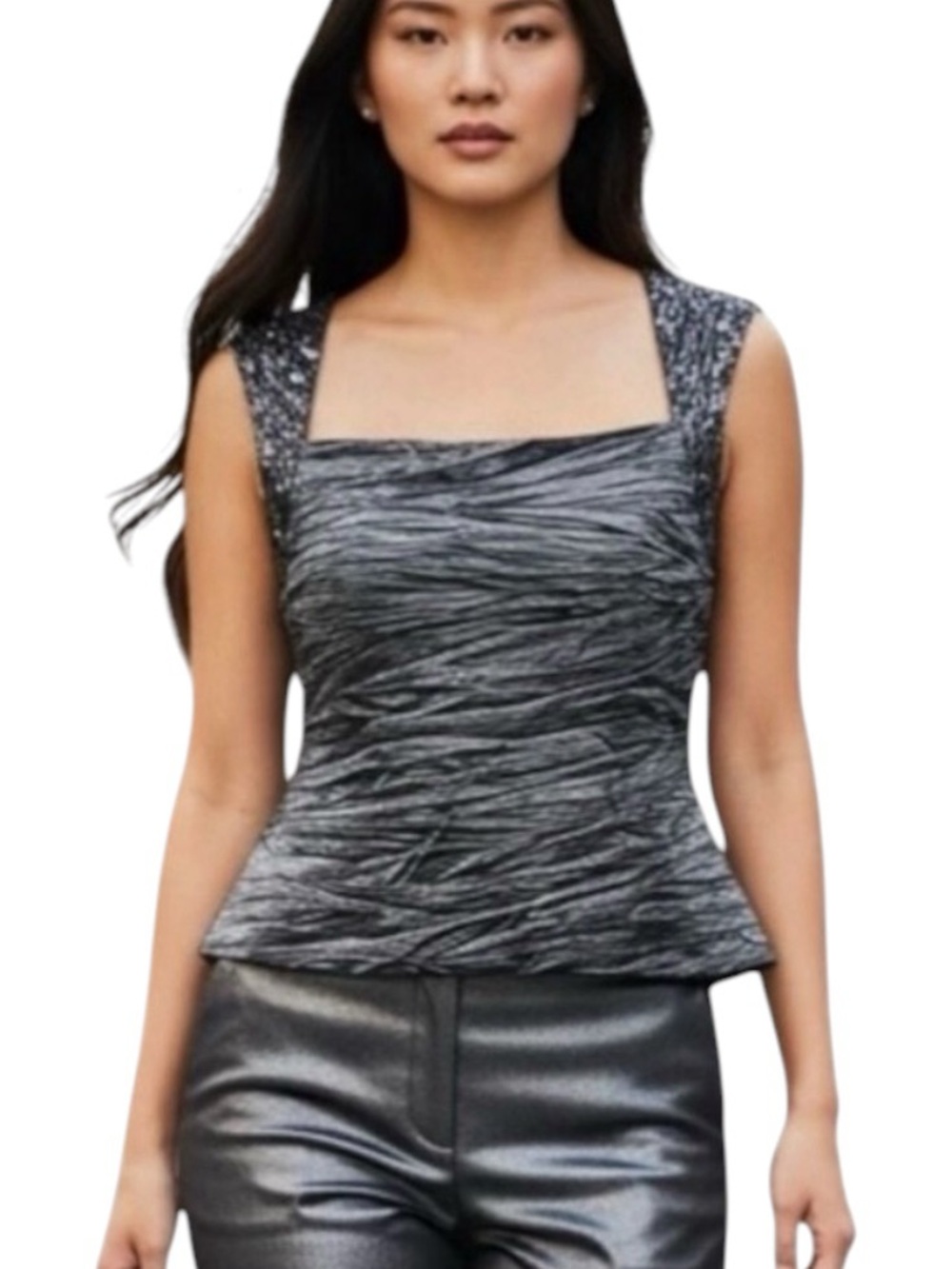 Cachet Metallic Silver Ruched Rhinestone Formal Evening Top NWT Size 8 Glam